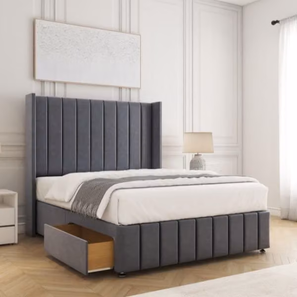 BSSPOKE Zoe Super King Divan Bed Set with 54 inch Headboard, 2 Drawers and Mattress in Charcoal Grey Plush Velvet, W/D/H: 200 x 137.16 cm
