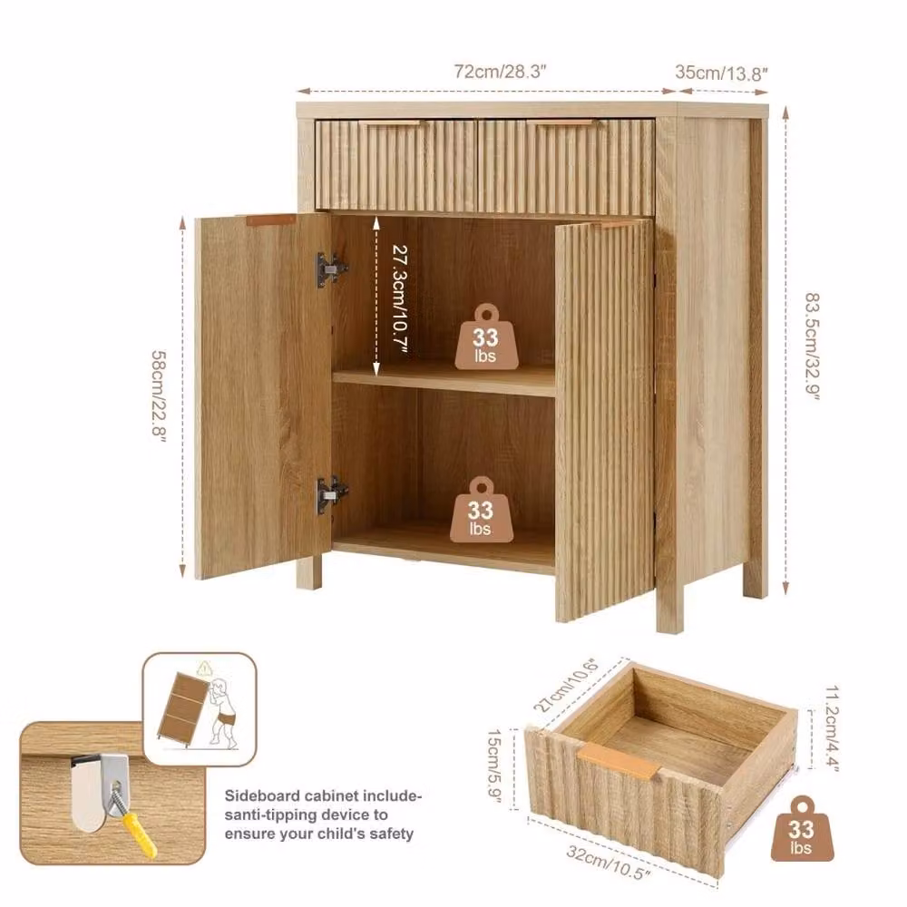 VOGREX Oak Ribbed Front Storage Sideboard with 2 Drawers and 2 Doors in Light Oak – 2