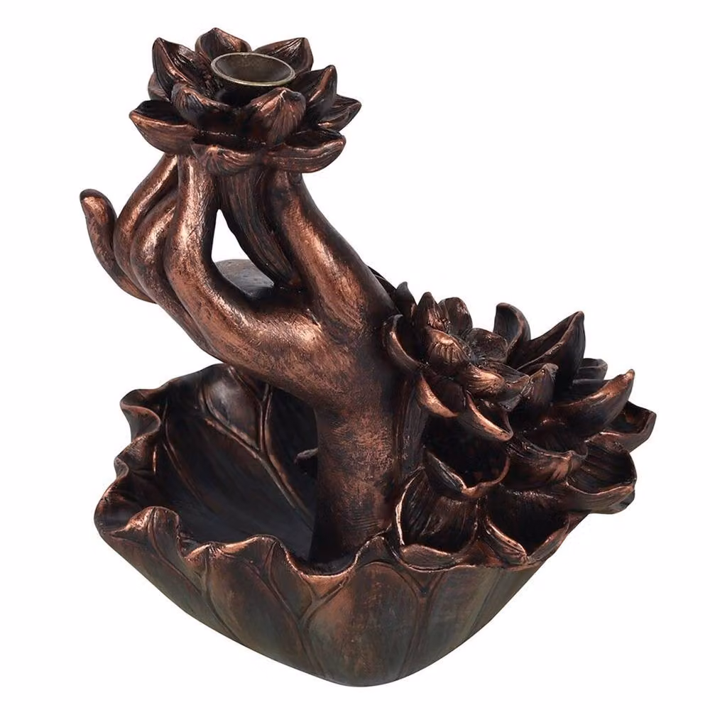 Something Different Hand With Flower Backflow Incense Burner in Brown and Bronze, H 18.0 cm x W 14.0 cm x D 13.0 cm – 3