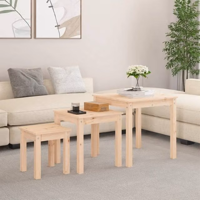 Berkfield Home 3-Piece Nesting Tables in Rustic Light Brown Solid Pine Wood