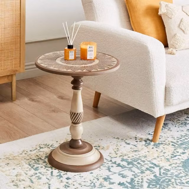 Wyld and Coco Everwood Round Mango Wood Side Table in Brown, W/D/H: 45 x 45 x 53 cm