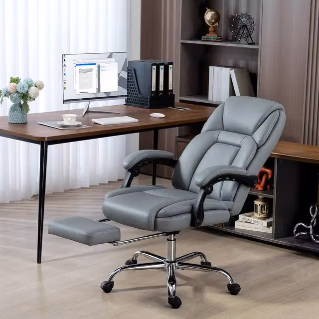 HOMCOM Grey Faux Leather Executive Office Chair with Armrests and Headrest – 1