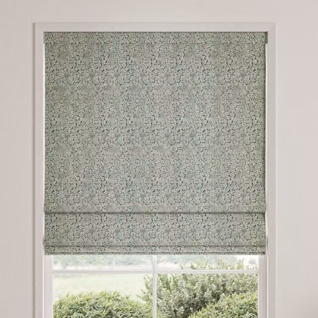 William Morris Bird and Anemone Woven Made to Measure Blackout Roman Blind in Eucalyptus Green and Blue Floral Design