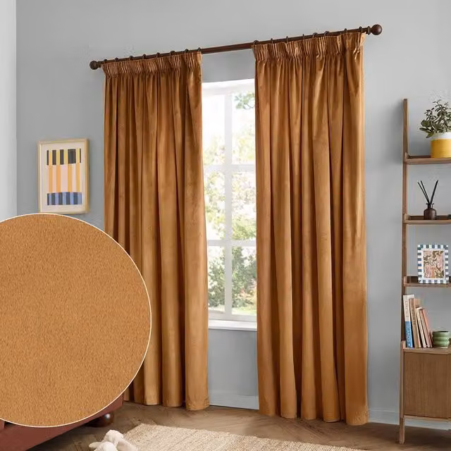 Furn Pale Orange Velvet 100% Blackout Pencil Pleat Curtain Pair, W: 168 cm, H: 229 cm – 1