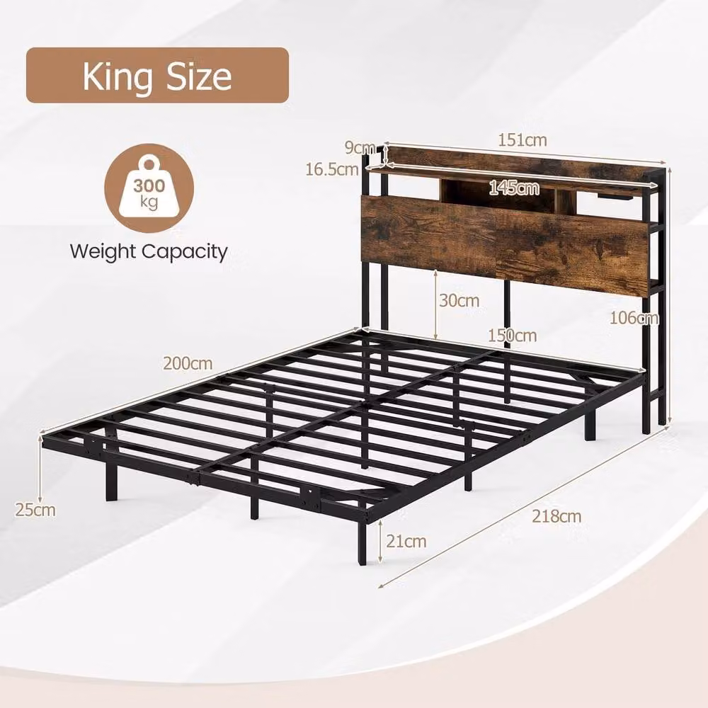 Kelvenix King Size Floating Bed Frame with LED Under-Bed Lighting and Side Compartments in Brown – 2