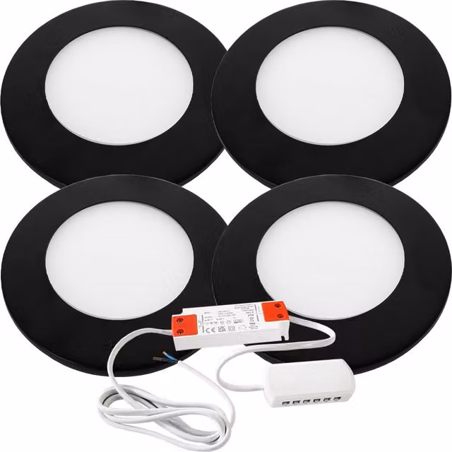 Loops 4x Matt Black Ultra-Slim Round Under Cabinet Kitchen LED Light and Driver Kit with Natural White Diffused Light – 1