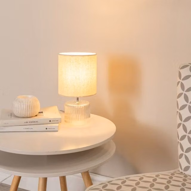 ValueLights Betty Pair of Transparent Glass Table Lamps with Beige Fabric Shades