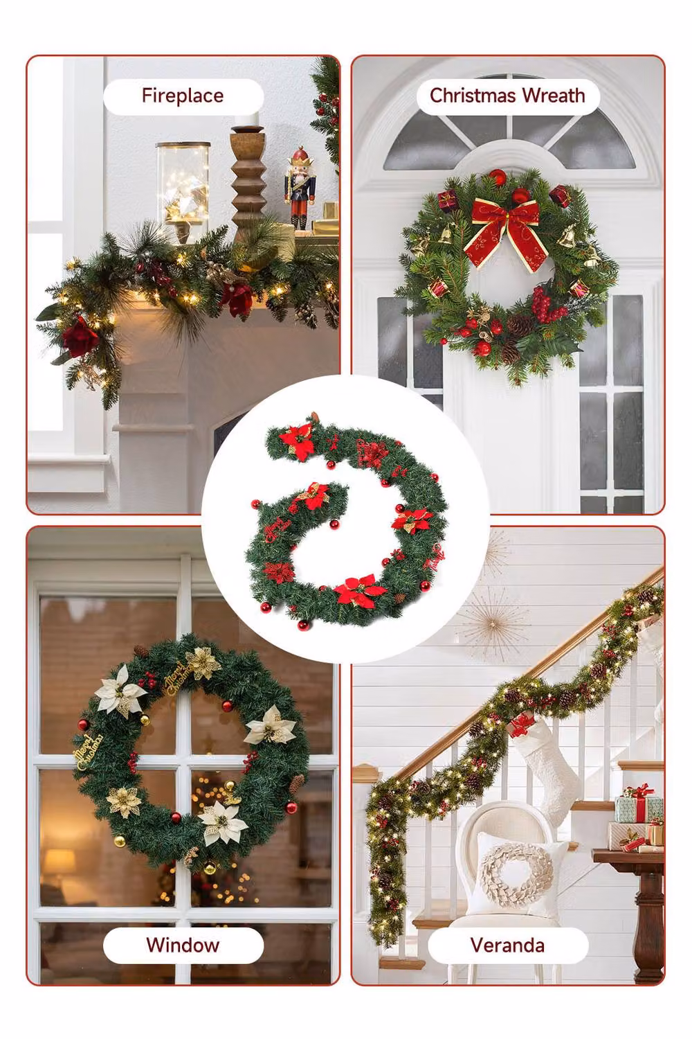 Living and Home 2.7m Christmas Garland with Red Poinsettia and Merry Christmas Sign – 2
