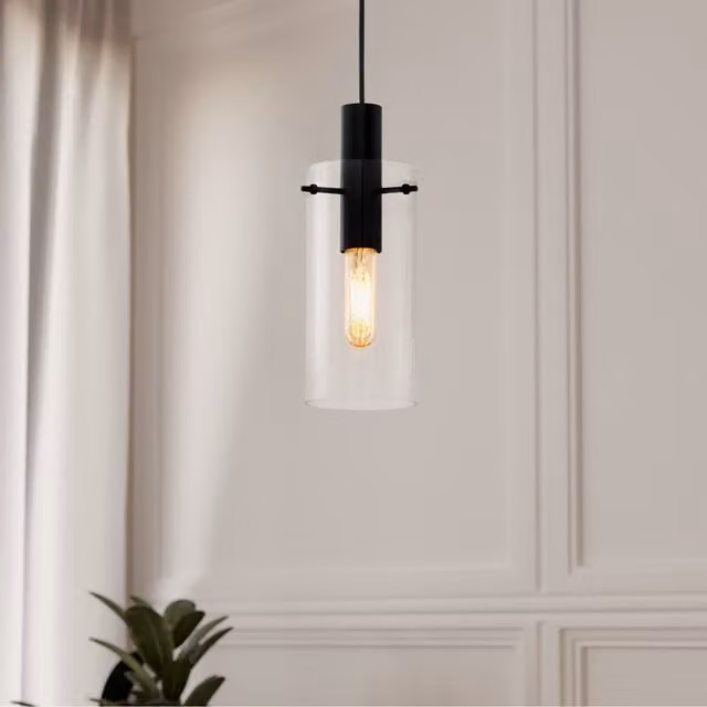 Eglo Montefino Modern Pendant Light in Black Metal with Transparent Cylindrical Glass Shade