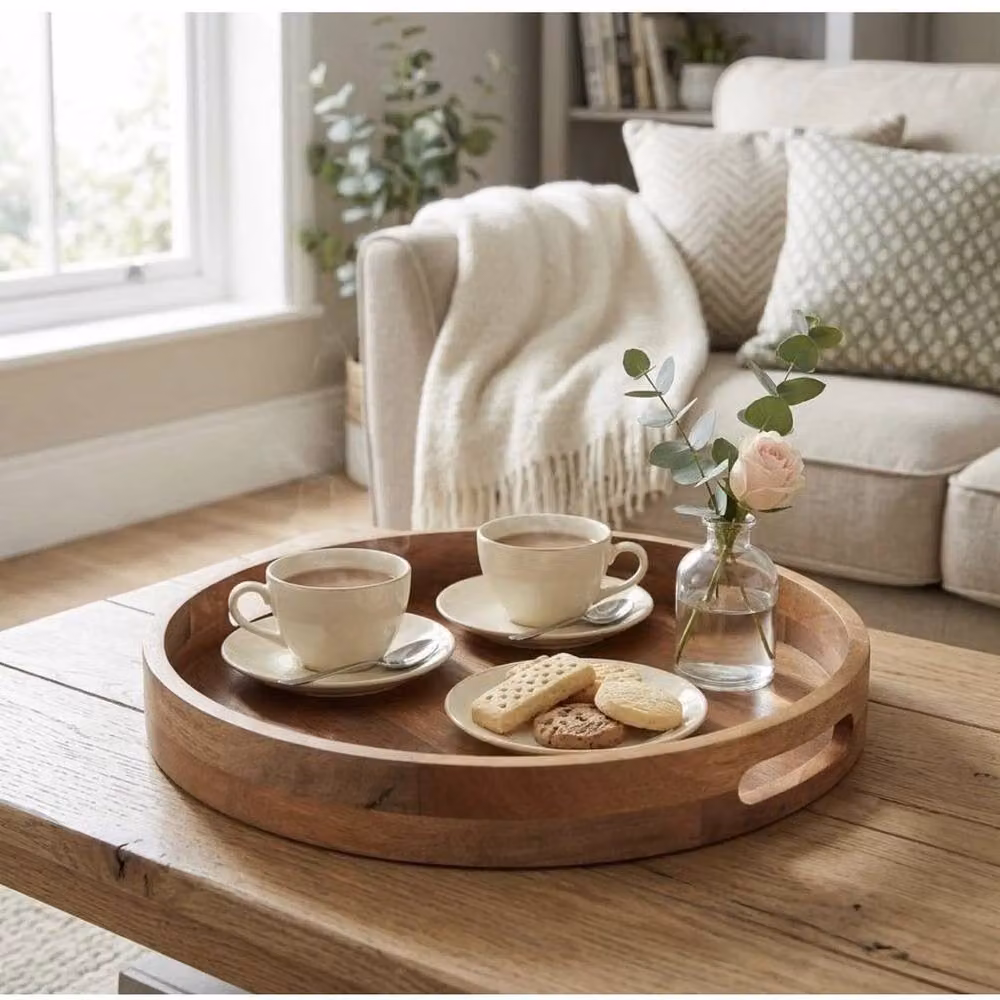 PAWNORA Round Solid Mango Wood Serving Tray with Handles in Brown – 4