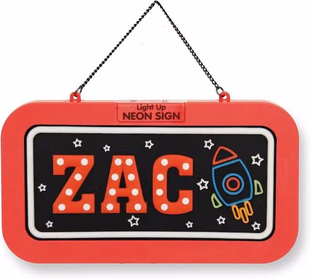 History & Heraldry Zac Pre-personalised Light-Up Neon Bedroom Sign in Black and Red