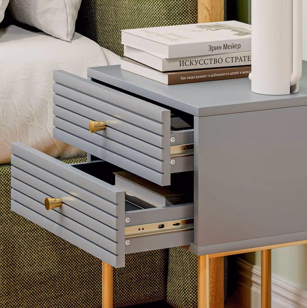 STILVORA Set of 2 Grey Bedside Tables with 2 Drawers and Gold Accents – 5