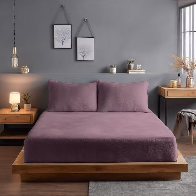 Snug City Teddy Fleece Fitted Sheet, Purple, Single, W/D/H: 90 x 190 x 30 cm
