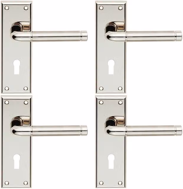 Loops 4x Pair Round Bar Handle on Lock Backplate in Polished and Satin Nickel, Silver, W: 150 mm, H: 50 mm