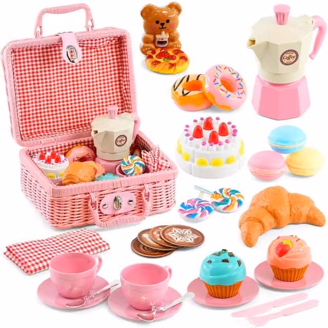 The Magic Toy Shop Play Food Picnic Basket and Tea Set with 30 Pieces in Pink, Red and Multicolour