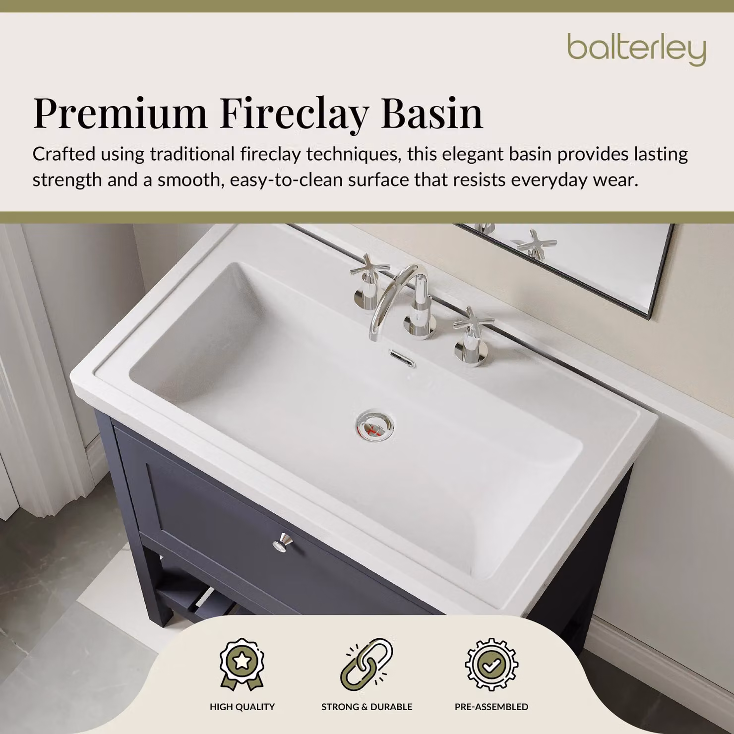 Balterley Blue Freestanding Bathroom Floor Vanity with 1 Drawer and 3 Tap Hole Fireclay Basin, W: 80 cm – 3