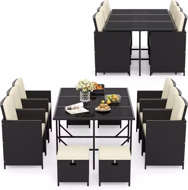 Gymax 11 Piece White Polyrattan Wicker Dining Set with Tempered Glass Table, Chairs and Ottomans
