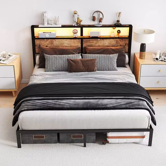 Rolipo Metal Bed Frame with LED Lights and Storage Headboard in Black, W/D/H: 150 x 200 cm – 1