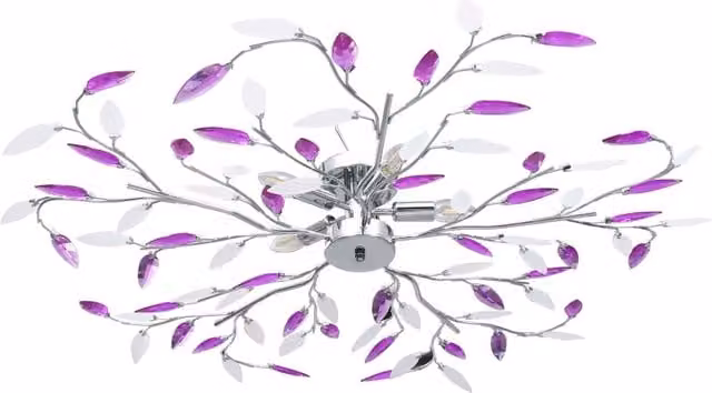 Berkfield Home Modern Ceiling Lamp with Purple Acrylic Crystal Leaf Arms and Chrome Metal Finish for 5 x E14 Bulbs