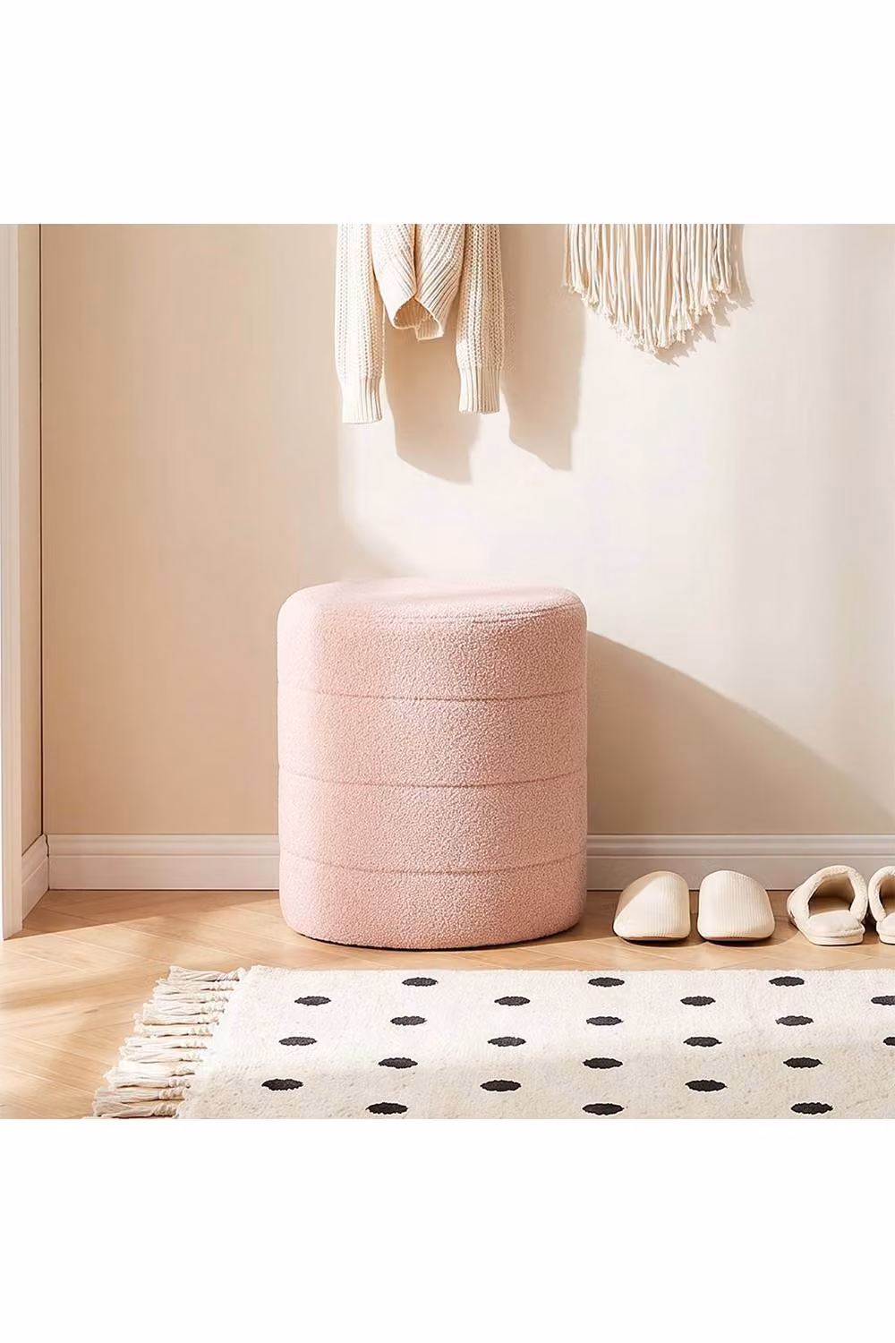 Living and Home Round Teddy Fleece Upholstered Footstool in Pink – 3