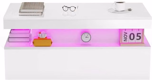 KORVIXA High Gloss LED Coffee Table with 2 Wooden Storage Drawers in White, W/D/H: 100 x 100 x 100 cm – 1