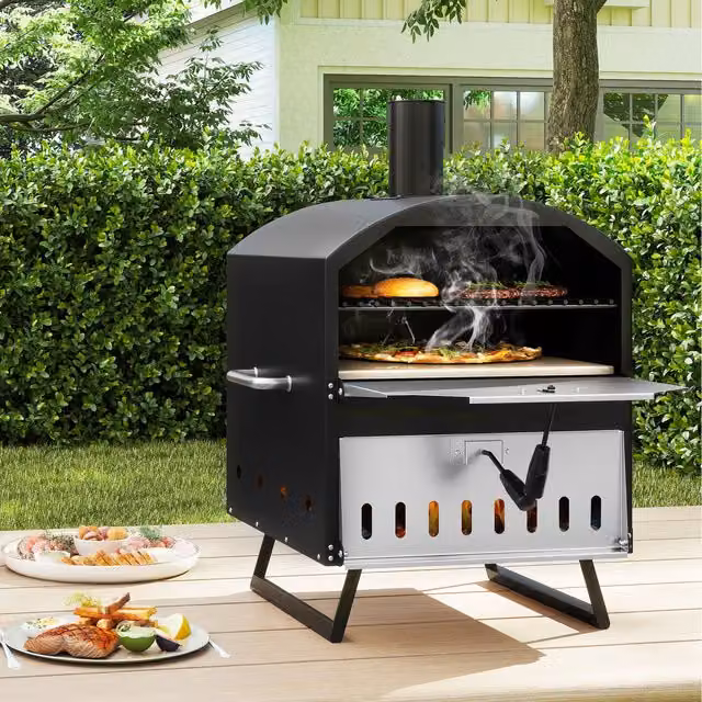 COSTWAY Portable 2-Layer Wood Fired Pizza Oven with Stone in Black