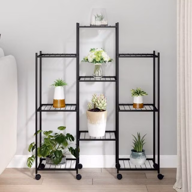 Berkfield Home Black Metal Flower Stand with Wheels, W/D/H: 83 x 25 x 103.5 cm – 1