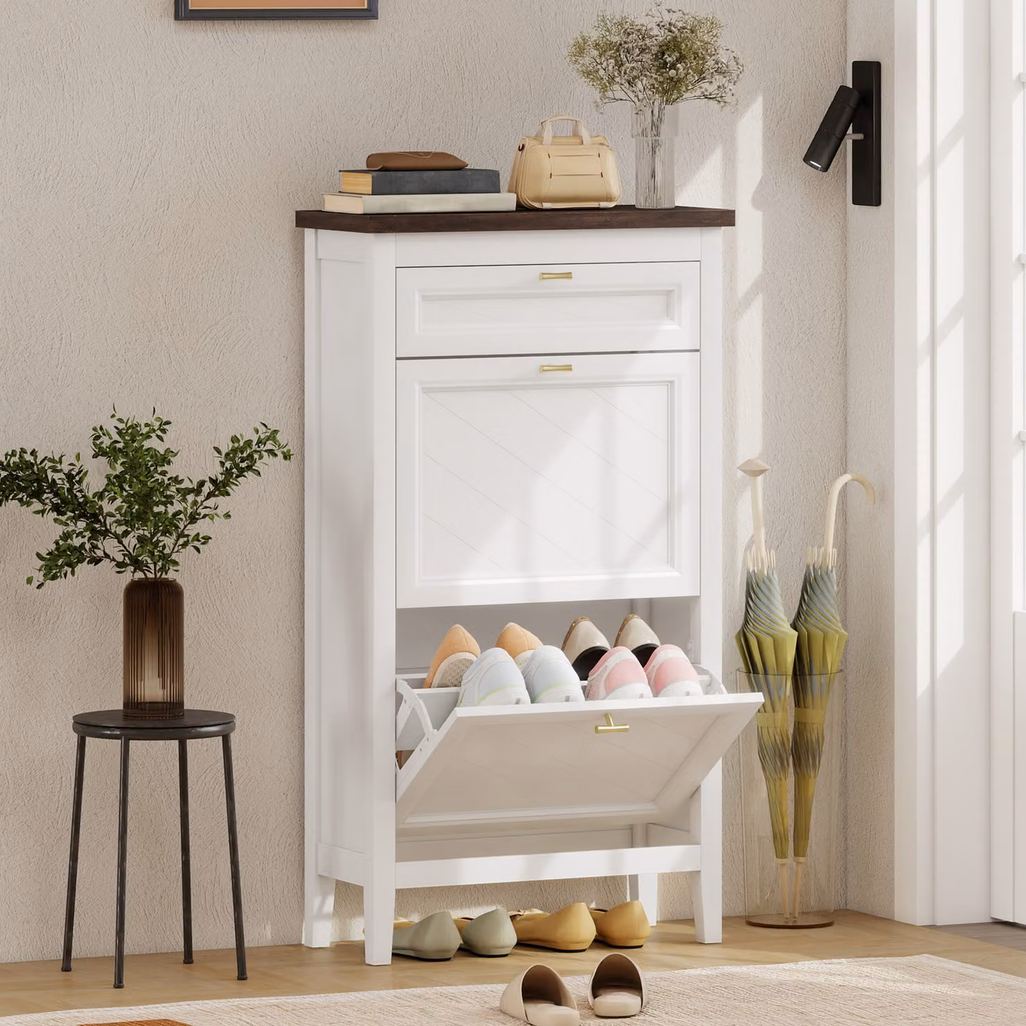 HOMCOM White Farmhouse Shoe Cabinet with 2 Tilting Drawers and Gold Accents – 2