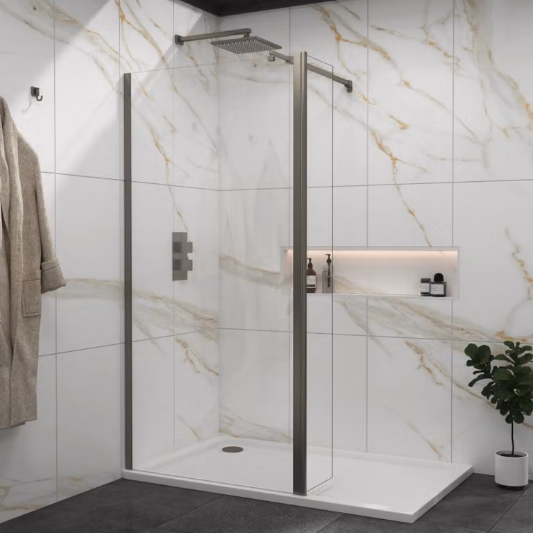 Royal Bathrooms Marbella Walk In Wet Room Shower Screen with Flipper Panel, Gun Metal Grey, 8mm Easy Clean Glass, W: 80 cm, H: 185 cm