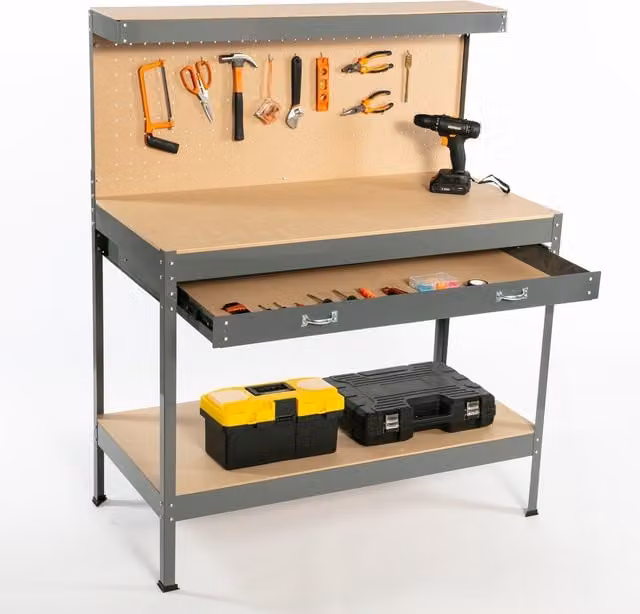 SwitZer Steel Garage Workbench with Drawers, Pegboard and Shelf, Grey