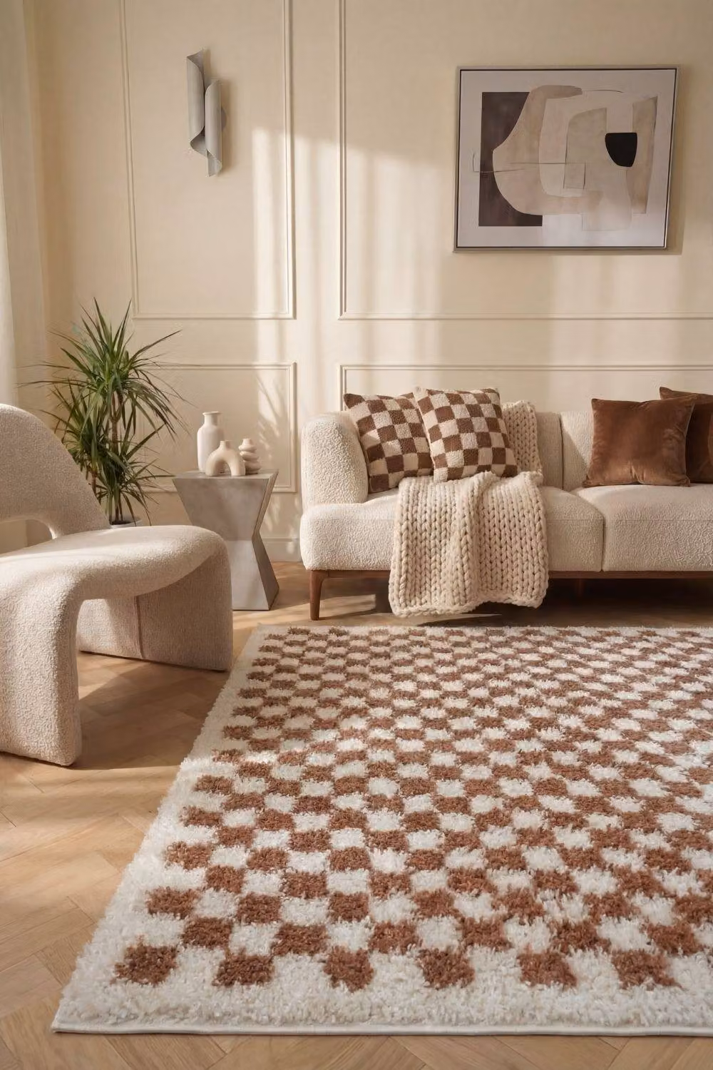 THE RUGS Moodi Terracotta Chequered Shaggy High Pile Round Living Room Rug, Diameter: 120 cm – 6