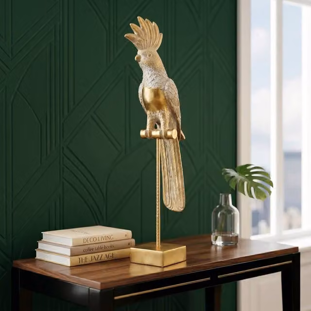 Madison & Mayfair Art Deco Parrot Metal Tabletop Ornament in Gold and White, H 51.0 cm x W 12.0 cm x D 12.0 cm – 2