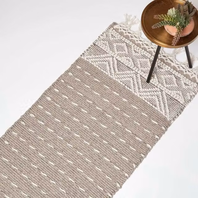 Homescapes Boho Kilim Wool and Cotton Flat Weave Rug in Beige and Brown with Fringes