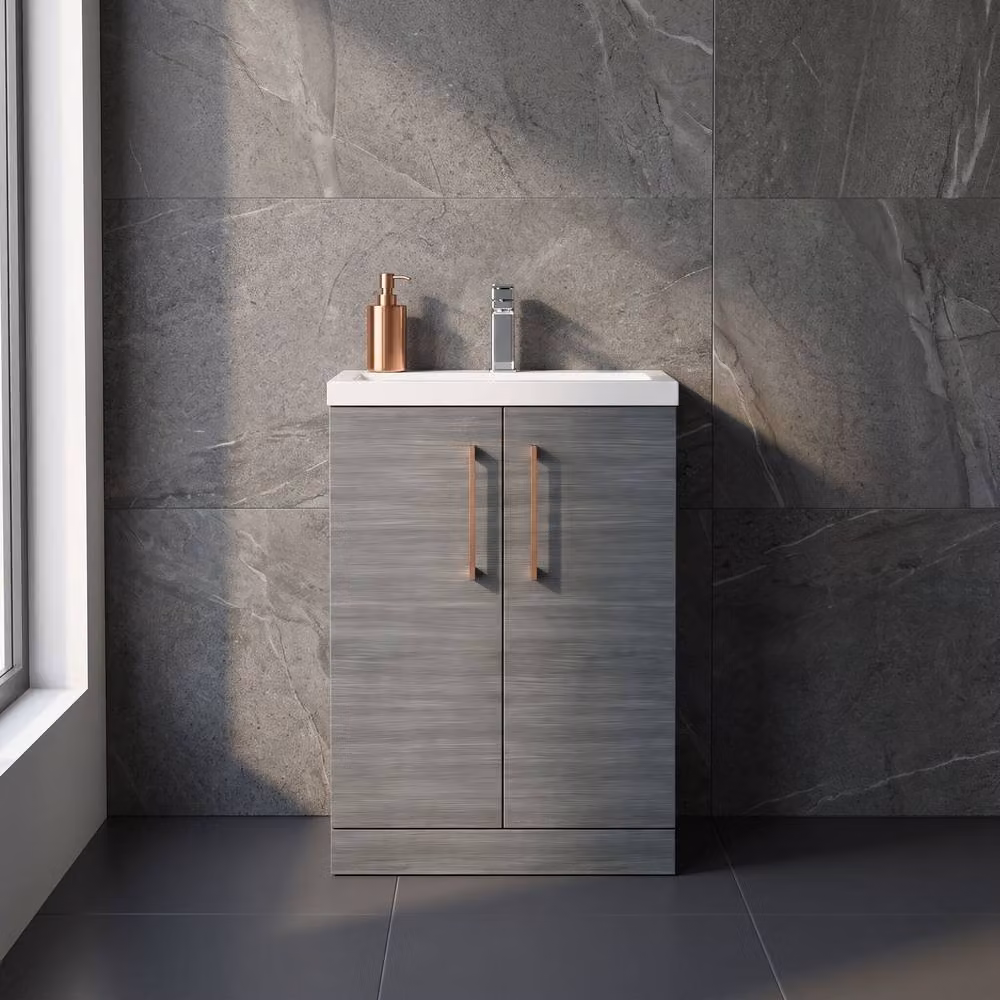Balterley Modern Grey Wood Freestanding Bathroom Vanity Unit with Soft Close Doors and LED Lighting, W: 60 cm, H: 84 cm – 3