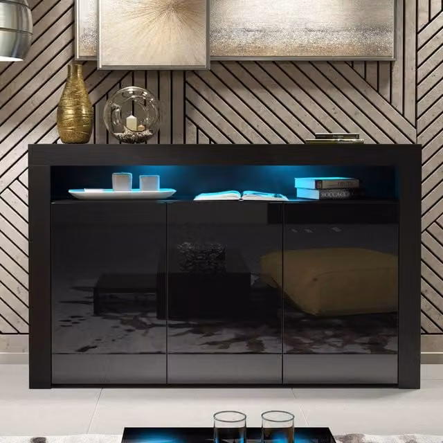 Creative Furniture Aether Sideboard in Black with Glossy Doors and Integrated LED Lighting W/D/H: 155 x 40 x 92 cm