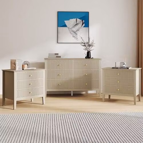 Melody Maison Hales Taupe Range Large 6 Drawer Chest of Drawers and Pair of Bedside Tables in Beige
