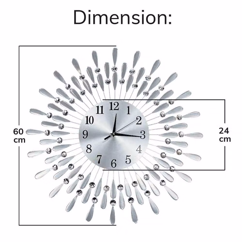 EONLION Silver Beaded Jeweled Round Quartz Wall Clock, Diameter: 60 cm – 2