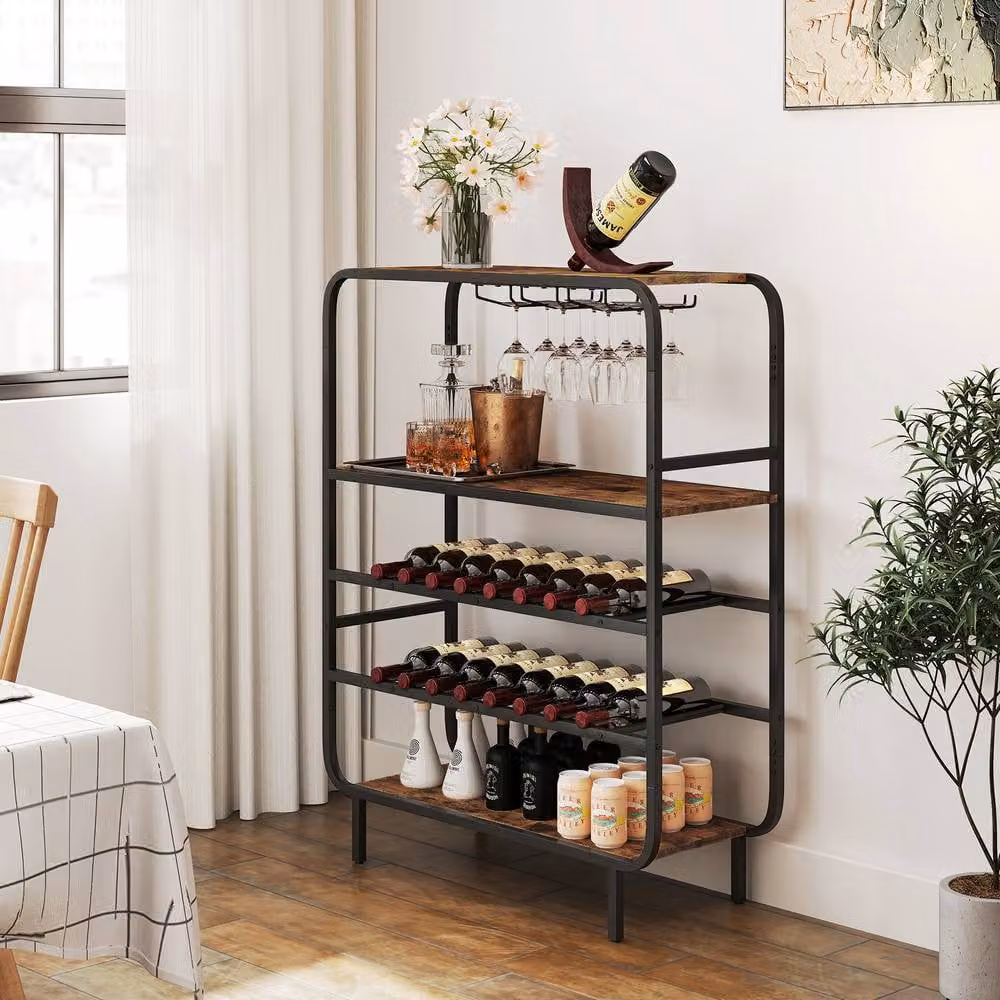Gymax 5-Tier Metal Wine Rack in Brown with 16 Bottle Capacity and Glass Holders – 5