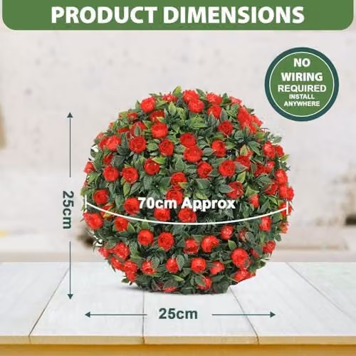 MantraRaj Solar Powered Topiary Ball with 20 LED Flower Lights, Red, Diameter: 28 cm – 3