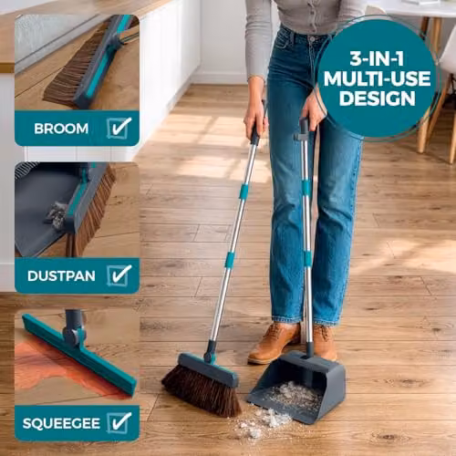 Tower 3 in 1 Dustpan and Brush with Squeegee, Upright Design, Anthracite and Petrol – 3