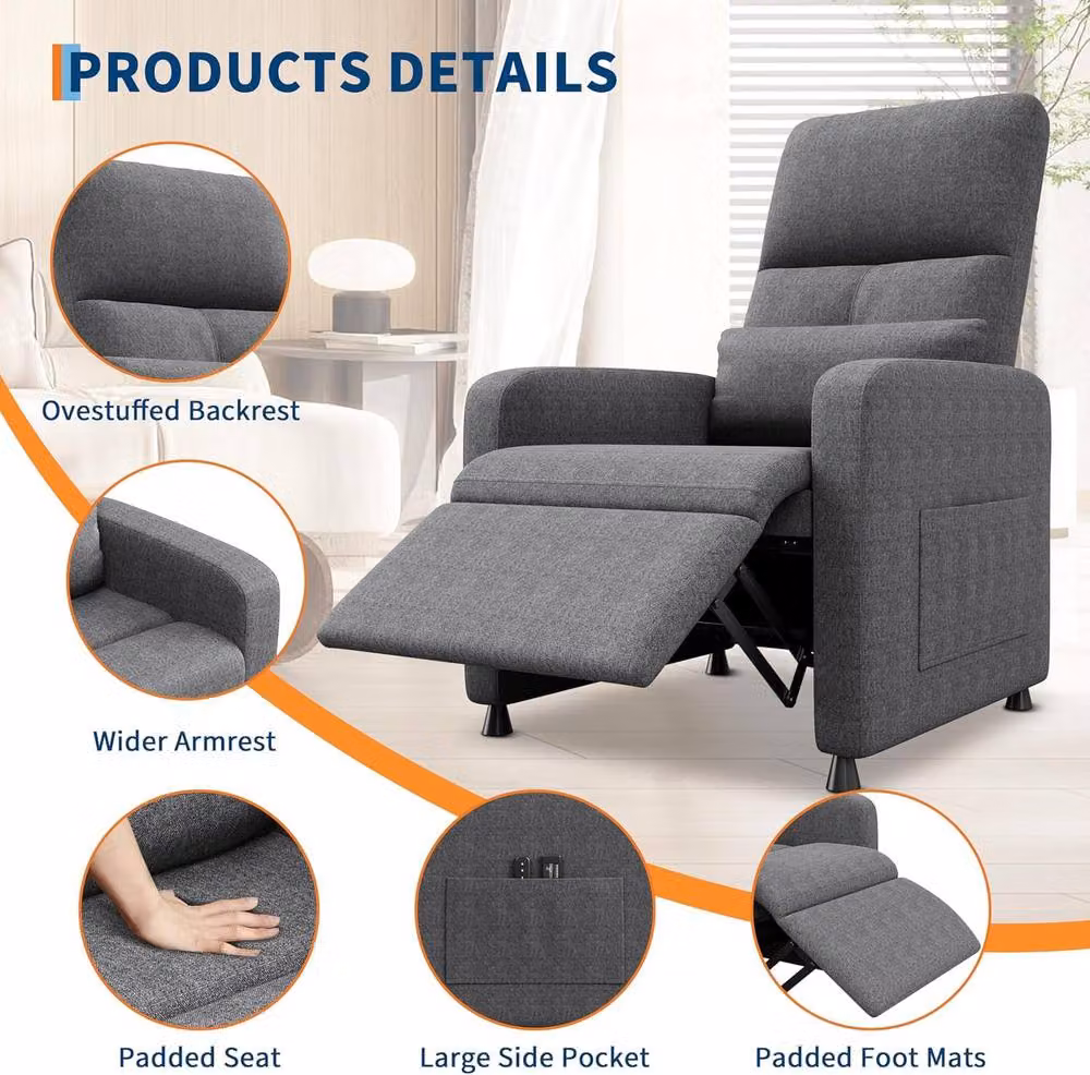 London Boutique Grey Fabric Recliner Sofa with 4-Point Massage, Heat, and USB Port – 4
