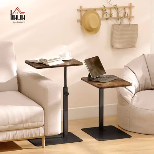 HOMCOM C Shaped Side Table with Adjustable Height and Metal Base in Brown and Black, W/D/H: 40 x 30 x 79 cm – 2