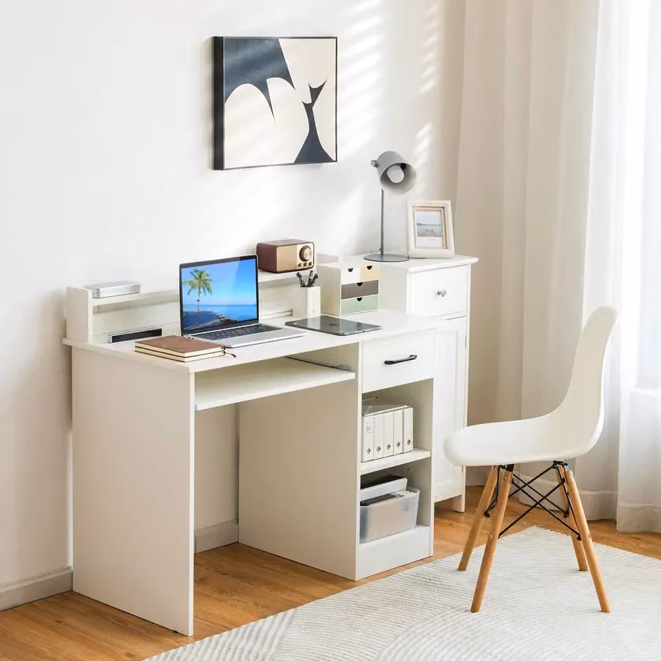 Costway White Wooden Computer Desk with Keyboard Tray for Home Office or Bedroom – 2