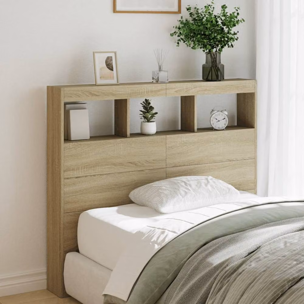 Berkfield Home Modern Headboard Cabinet with Integrated LED Lighting in Sonoma Oak and Beige, W/D/H: 120 x 17 x 102 cm – 2