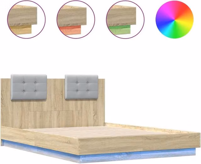 Berkfield Home Sonoma Oak Small Double Bed Frame with LED Lighting and USB Charging Port in Tan, W/D/H: 120 x 190 cm