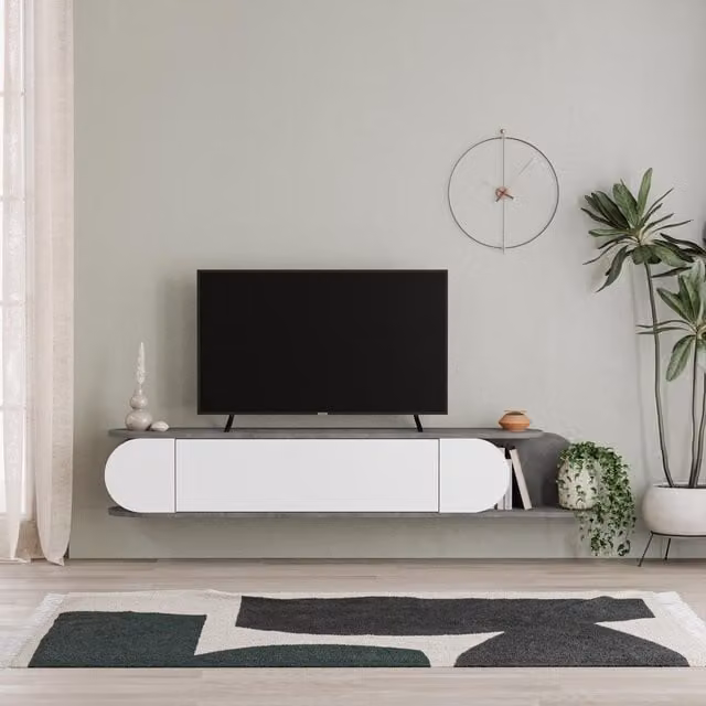FWStyle Retro Large 1 Door Wall Mounted TV Unit in Grey and White
