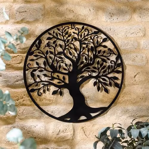 mysmartbuy Tree of Life Floral Metal Wall Plaque Ornament in Black and Turquoise, Diameter: 50 cm