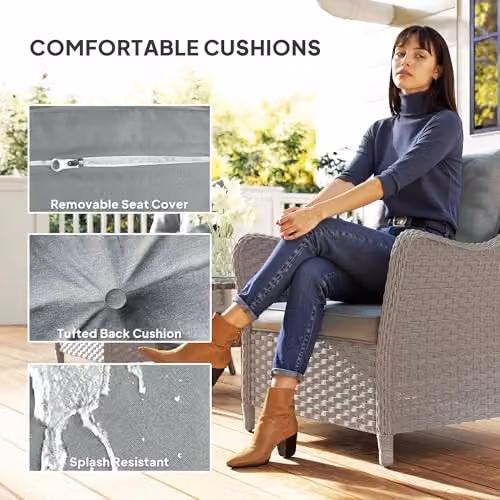Outsunny Set of 2 Rattan Garden Chairs with Cushions in Grey – 3