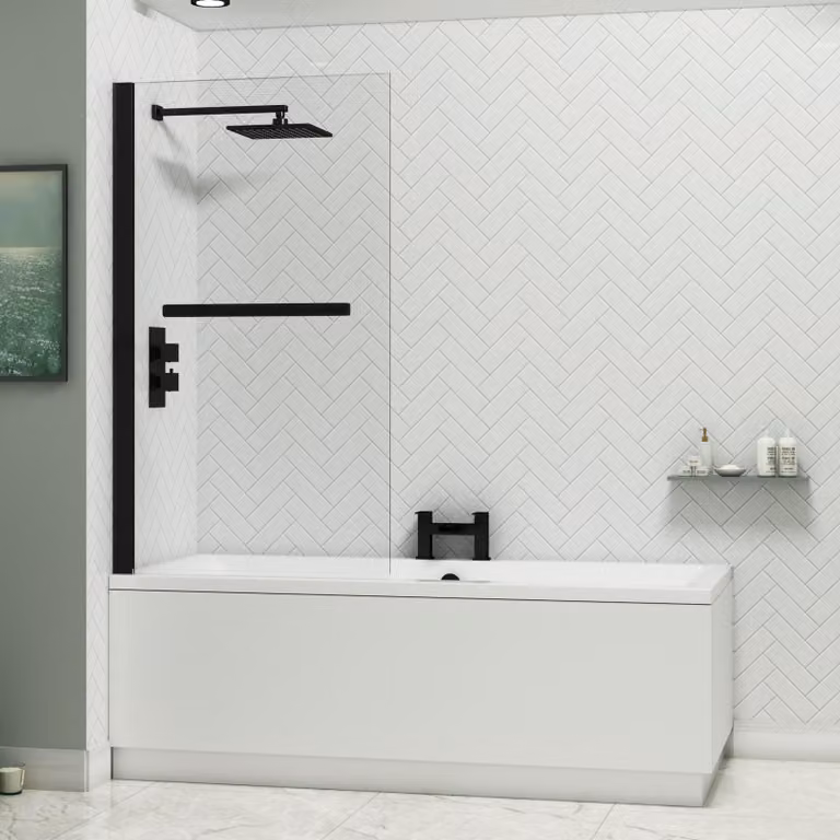 Royal Bathrooms Amaze Square Double Ended Acrylic Shower Bath in White with Black Wall Profile Screen and Rail, W/D/H: 170 x 75 x 55 cm