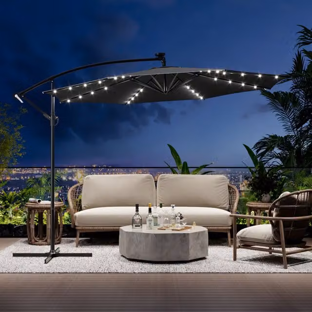 Breeins 32 LED Patio Umbrella with Crank Lift and Base in Anthracite Grey